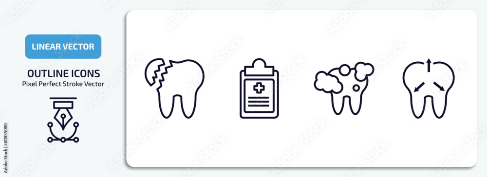 Naklejka premium dentist outline icons set. dentist thin line icons pack included broken tooth, health report, tooth cleaning, intraoral vector.