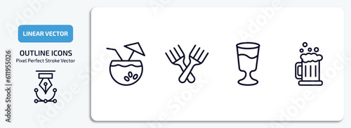 drinks outline icons set. drinks thin line icons pack included coconut drink, forks, mind eraser drink, beer mug vector.