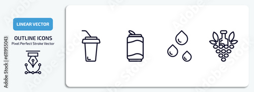 drinks outline icons set. drinks thin line icons pack included soft drink, soda can, drip, bunch of grapes vector.