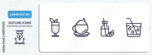 drinks outline icons set. drinks thin line icons pack included mint julep, cappuccino, juice bottle, caipirinha vector.