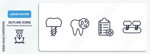 dentist outline icons set. dentist thin line icons pack included implant, bacteria in mouth, medical list, fake tooth vector.