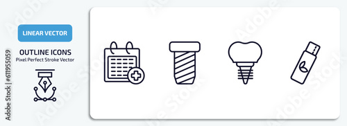 dentist outline icons set. dentist thin line icons pack included medical appointment, implant fixture, dental prosthesis, chewing gum vector. photo