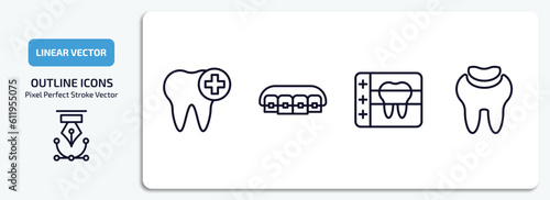 dentist outline icons set. dentist thin line icons pack included healthy tooth, lingual braces, radiograph, dental filling vector.