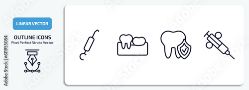 dentist outline icons set. dentist thin line icons pack included periodontal scaler, partial denture, prophylaxis, dental needle vector.