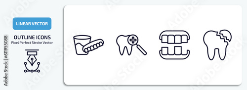 dentist outline icons set. dentist thin line icons pack included denture, dental checkup, overdenture, broken tooth vector.
