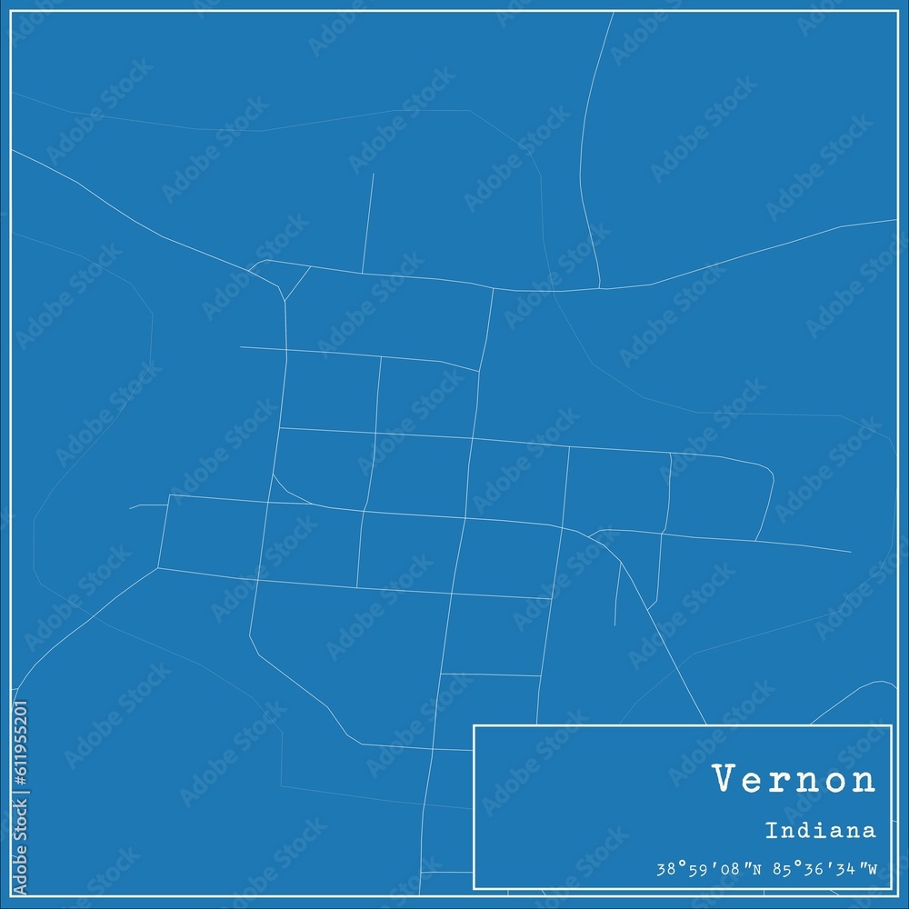 Blueprint US city map of Vernon, Indiana.