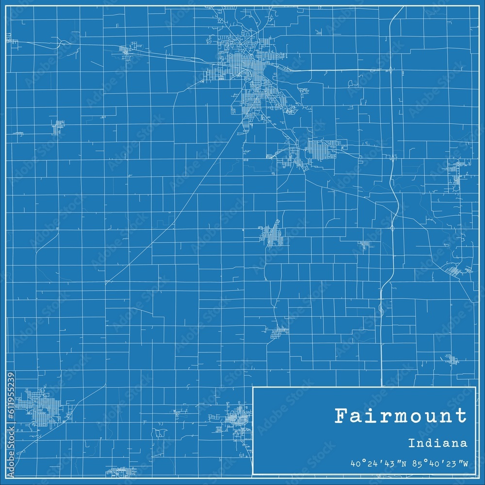 Blueprint US city map of Fairmount, Indiana.