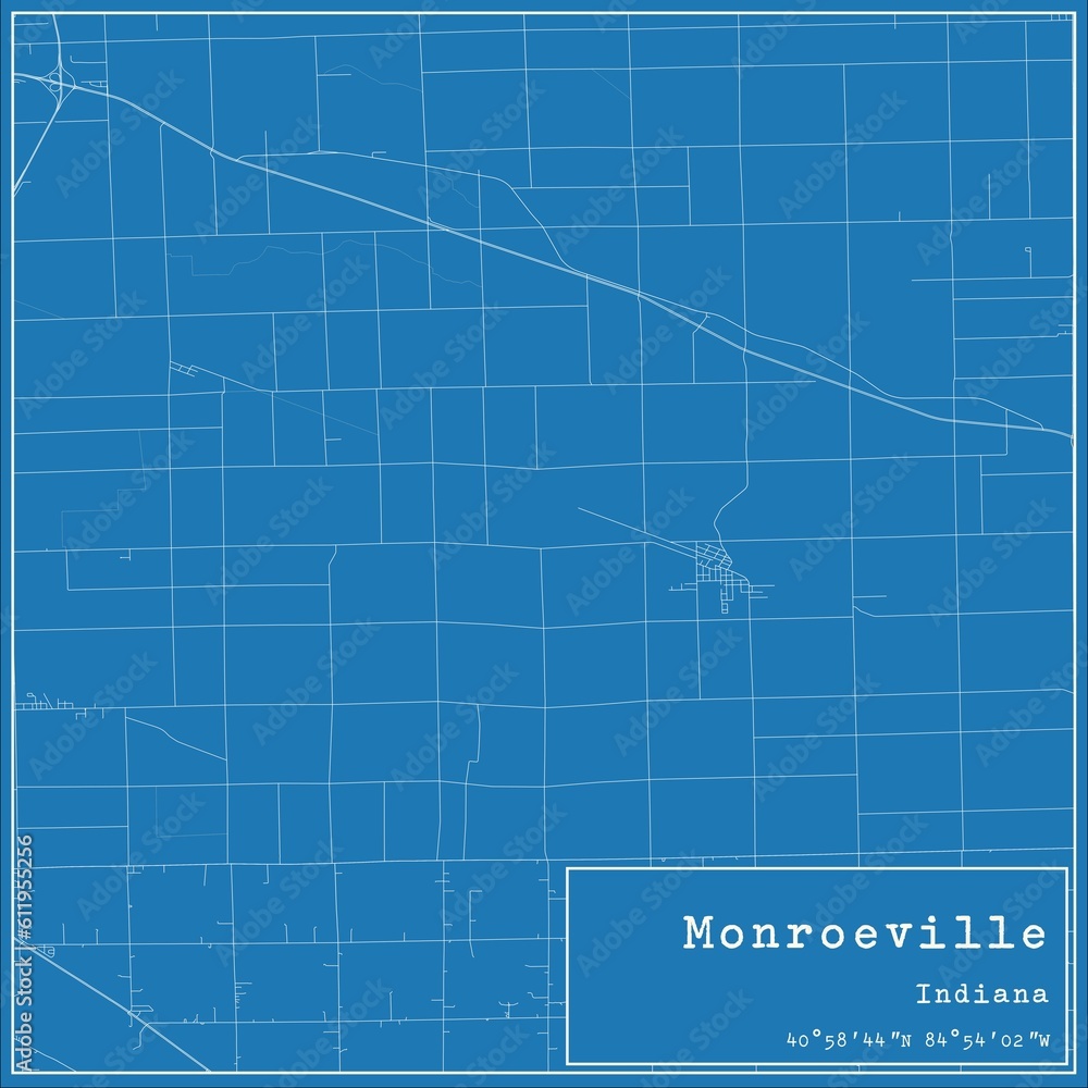 Blueprint US city map of Monroeville, Indiana.