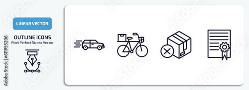 delivery and logistic outline icons set. delivery and logistic thin line icons pack included delivery by car, by bike, cancelled, charter vector.
