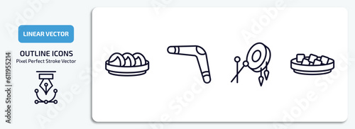 culture outline icons set. culture thin line icons pack included steamed bread, australian boomerang, native american drum, beef and garlic vector.