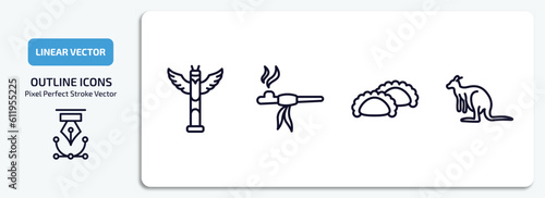 culture outline icons set. culture thin line icons pack included native american totem, pipe of peace, meat pie, australian kangaroo vector.