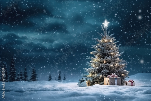 Snowy Christmas tree with gifts on a magical night winter background. Generative AI