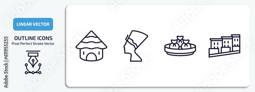 culture outline icons set. culture thin line icons pack included mud hut, nefertiti, dumplings, bo kaap vector.