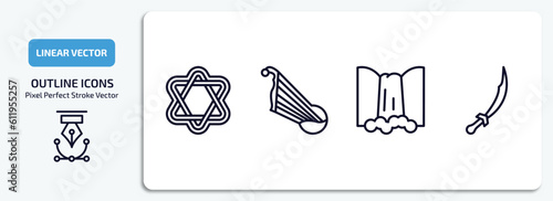 cultures outline icons set. cultures thin line icons pack included israel star of david, kankles, maletsunyane, scimitar vector.