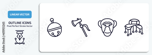 culture outline icons set. culture thin line icons pack included sleigh bell, native american axes, chimp face of brazil, cork hat vector.