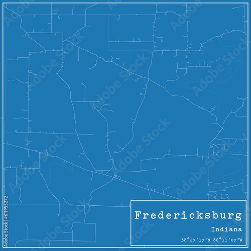 Blueprint US city map of Fredericksburg, Indiana.