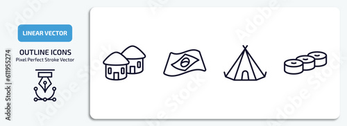 culture outline icons set. culture thin line icons pack included indian village, brazil flag, native american wigwam, mantecados vector.