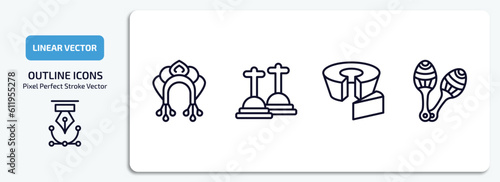 culture outline icons set. culture thin line icons pack included kokoshnik, cemetery, bolo de fuba, maracas couple vector.