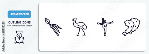 culture outline icons set. culture thin line icons pack included native american spear, australian emu, capoeira brazil dancers, fried shrimp vector.