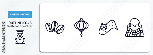 culture outline icons set. culture thin line icons pack included coffee grains, chinese lantern, australian flag, crocodile leather bag vector.
