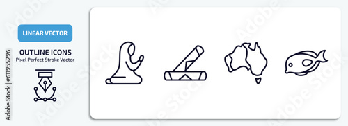 culture outline icons set. culture thin line icons pack included muslim praying, spring rolls, australian continent, marine fish vector.