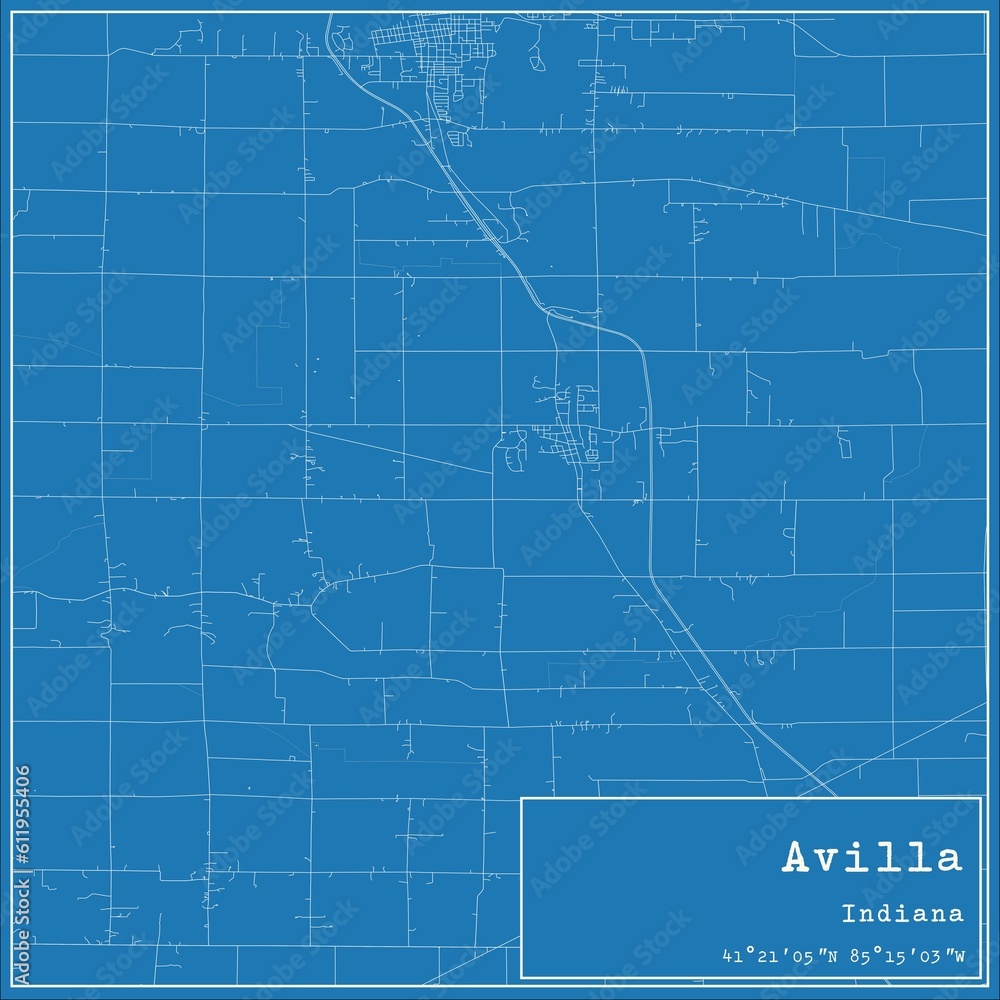 Blueprint US city map of Avilla, Indiana.