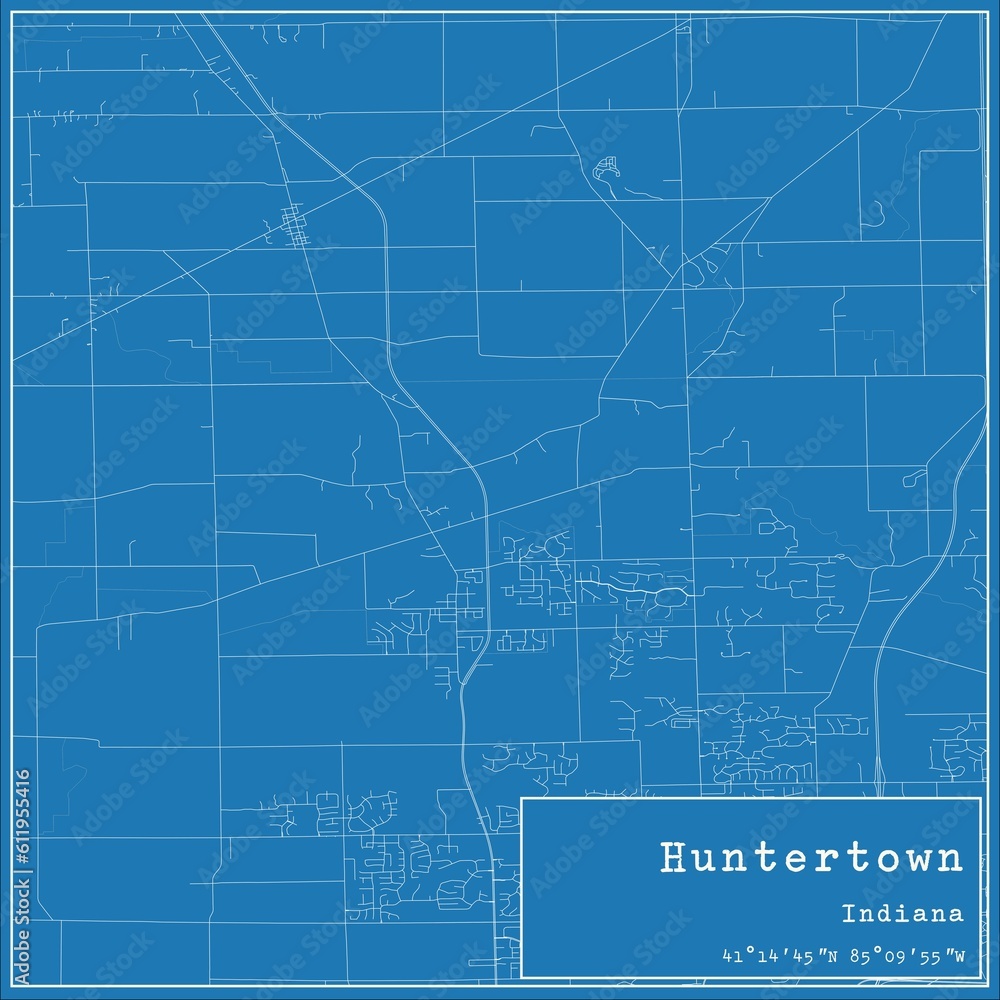 Blueprint US city map of Huntertown, Indiana.