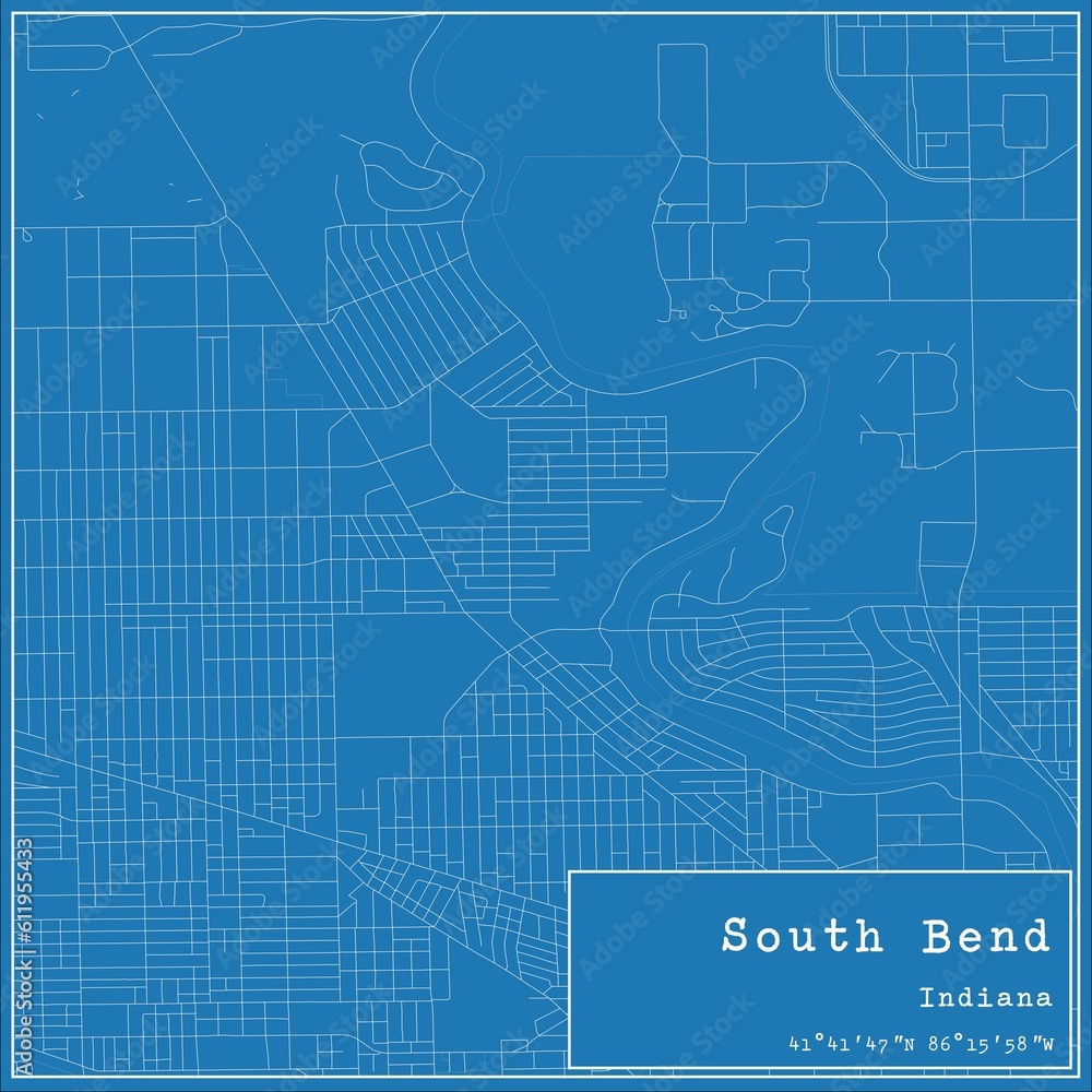 Blueprint US city map of South Bend, Indiana.