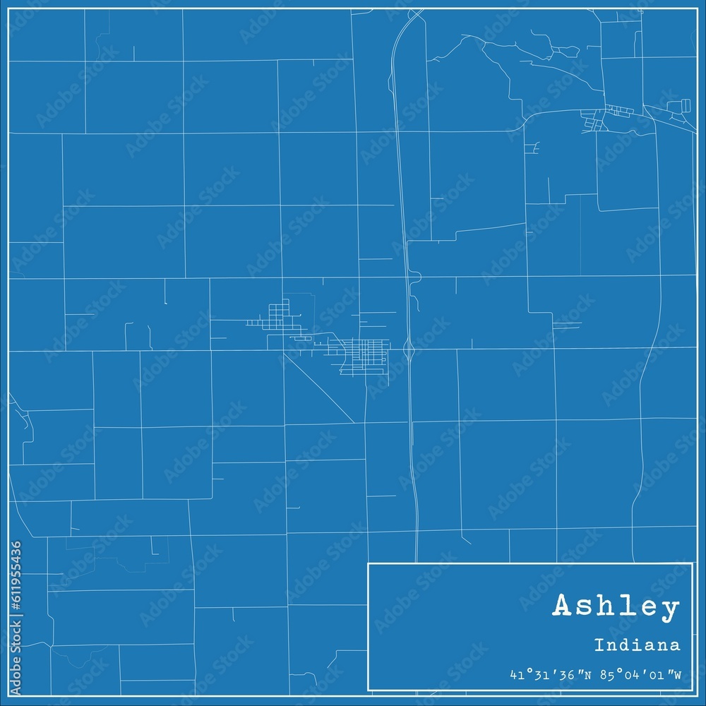 Blueprint US city map of Ashley, Indiana.