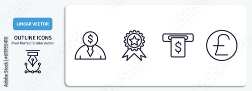 cryptocurrency outline icons set. cryptocurrency thin line icons pack included banker, best seller, cash hine, pound sterling vector.