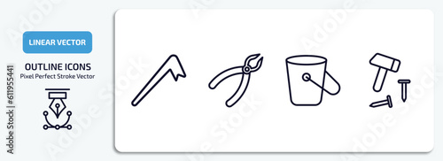 construction tools outline icons set. construction tools thin line icons pack included crowbar, repair pliers, bucket, hammer and nail vector.
