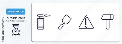 construction tools outline icons set. construction tools thin line icons pack included blowtorch, gardening palette, warning, brick hammer vector.