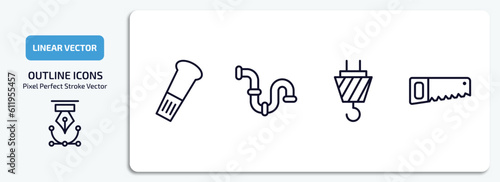 construction tools outline icons set. construction tools thin line icons pack included wedge tool, plumbing pipes, hook with cargo, saw vector.