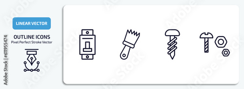 construction tools outline icons set. construction tools thin line icons pack included circuit breaker, builder brush, garage screw, nuts and bolts vector.