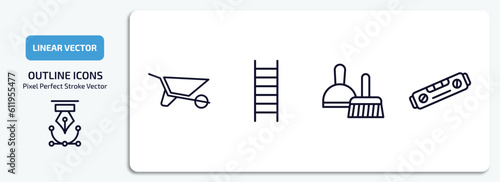 construction tools outline icons set. construction tools thin line icons pack included wheel barrow, ladder, dustpan and brush, plumb rule tool vector. photo