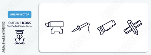 construction and tools outline icons set. construction and tools thin line icons pack included anvil, iron soldering, hand saw, pencil and ruler vector.