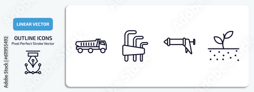 construction and tools outline icons set. construction and tools thin line icons pack included dumper, allen keys, caulk gun, soil vector.