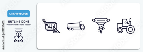 construction outline icons set. construction thin line icons pack included construction plan, tipper, pickaxes drilling, steamroller vector.