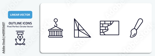 construction outline icons set. construction thin line icons pack included derrick with pallet, joist, concrete, brush vector.