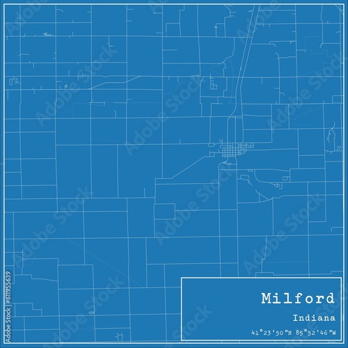 Blueprint US city map of Milford, Indiana.