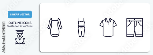 clothes outline icons set. clothes thin line icons pack included long sleeveless dress, jumpsuit, cotton polo shirt, chino shorts vector.