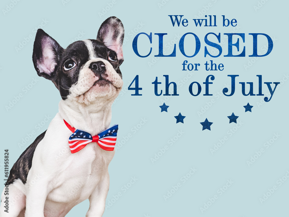 Signboard with the inscription We will be closed for the 4th of July. Cute brown puppy. Closeup, indoors. Studio shot. Congratulations for family, loved ones, friends and colleagues. Pets care concept