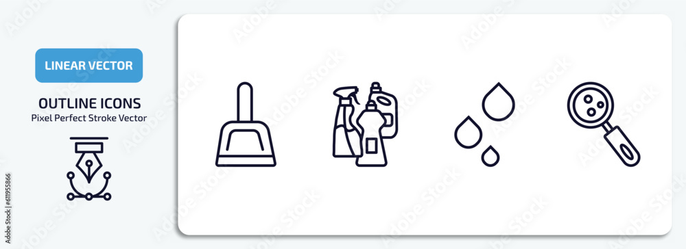 cleaning outline icons set. cleaning thin line icons pack included dust pan, cleaning products, liquid, hygroscopic vector. cleaning outline icons set. cleaning thin line icons pack included dust pan, cleaning products, liquid, hygroscopic vector.