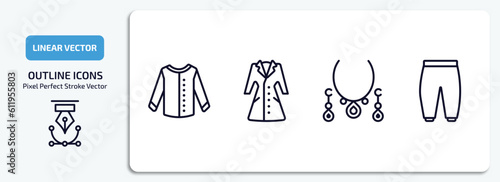 clothes outline icons set. clothes thin line icons pack included collarless cotton shirt, trench coat, jewelry, harem pants vector.