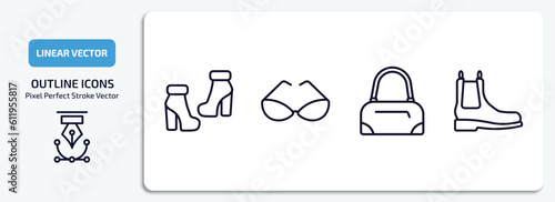 clothes outline icons set. clothes thin line icons pack included ankle boots, cat eye glasses, barrel handbag, leather chelsea boots vector.