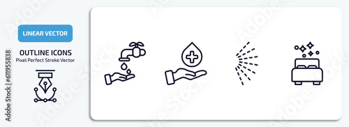 cleaning outline icons set. cleaning thin line icons pack included hand wash, sanitize, spray, clean room vector.