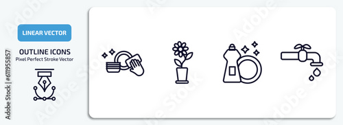 cleaning outline icons set. cleaning thin line icons pack included washing plate, rose cleanin, dish soap, tap vector.