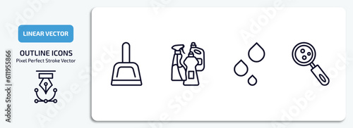 cleaning outline icons set. cleaning thin line icons pack included dust pan, cleaning products, liquid, hygroscopic vector.