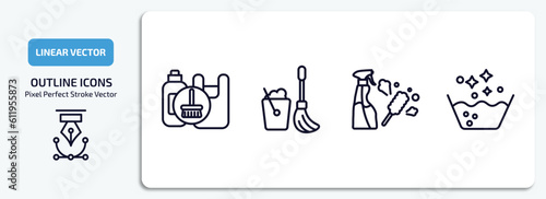 cleaning outline icons set. cleaning thin line icons pack included garbage cleanin, mop, cleaning tools, soak vector.
