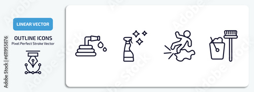 cleaning outline icons set. cleaning thin line icons pack included garden hose, glass cleaner, slippery, housekeeping vector.